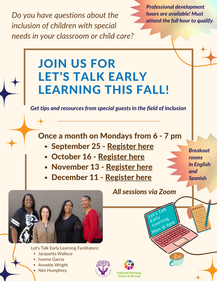 Flyer features information in English about the Fall 2023 Let's Talk Early Learning Series - same info is included on this page.