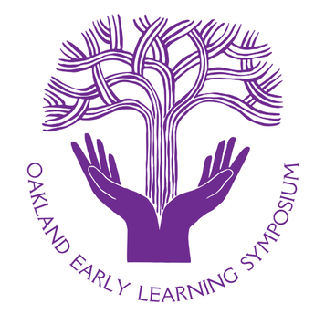 Logo for the Early Learning Symposium shows two purple hands holding a purple oak tree 