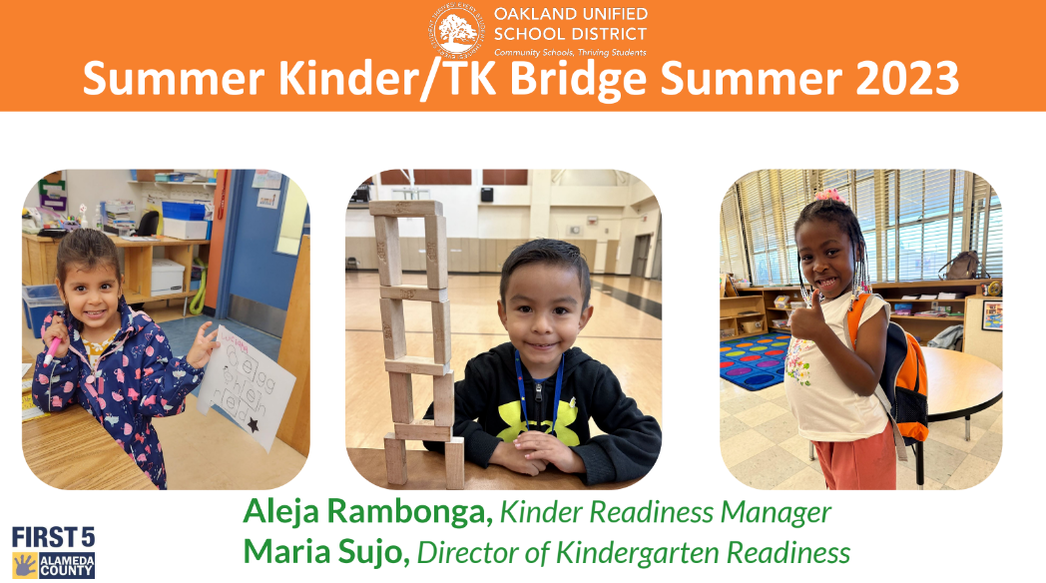 First slide in the Summer Kinder/TK Bridge 2023 Presentation features three separate photos each with a young student in their classroom