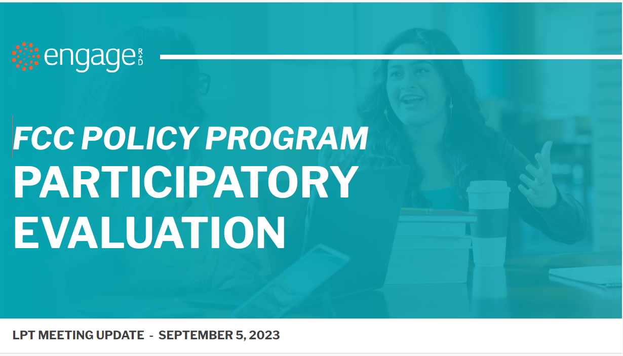 First slide of the FCC Policy Program ​Participatory Evaluation presentation features a turquoise background with white text