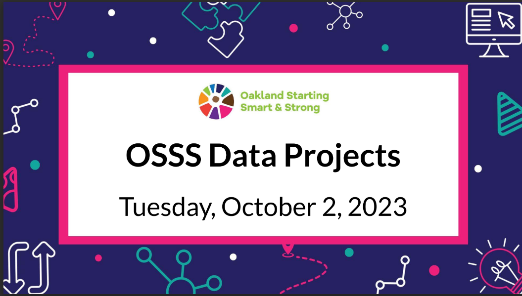 First slide of the OSSS Data Projects presentation features a dark blue border with bright pink, white, and teal illustrations