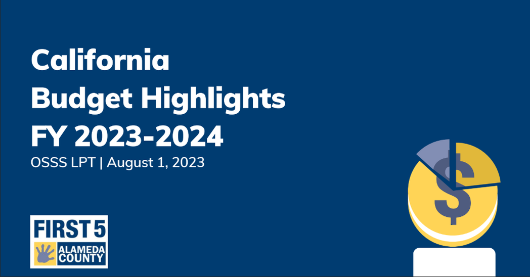 First slide of the California Budget Highlights FY 2023-2024 presentation has a dark blue background and title in white text
